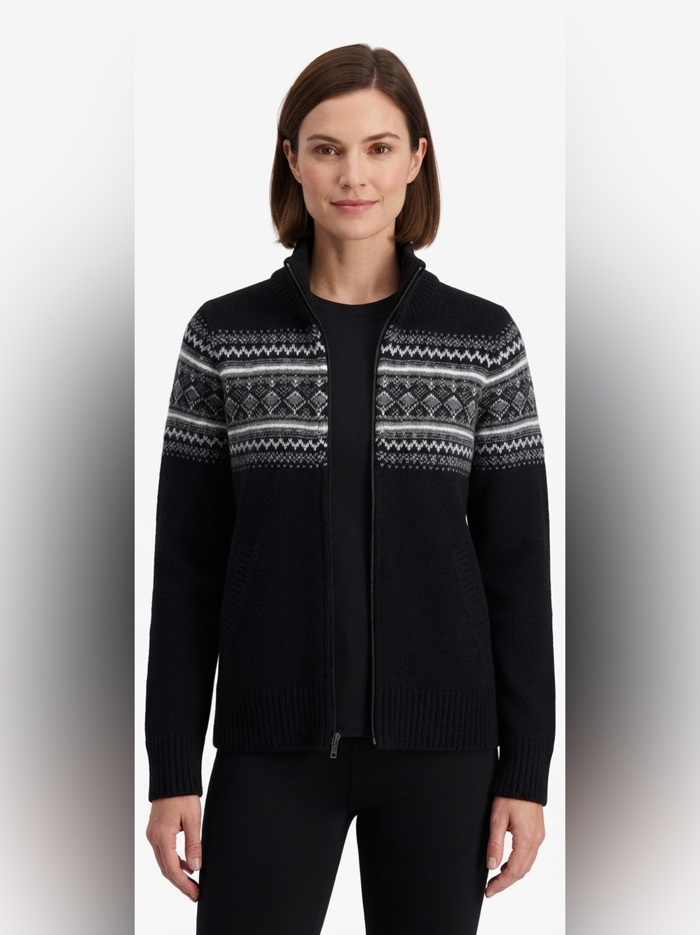 Spyder Women's Fair Isle Full Zip Sweater Black Gray Nordic Fleece Lined Size M